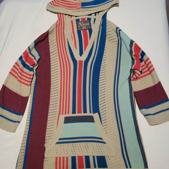EUC Natural Reflections Women's Lg Striped Open Knit Baja/ Boho Striped Hoodie - Picture 2 of 7